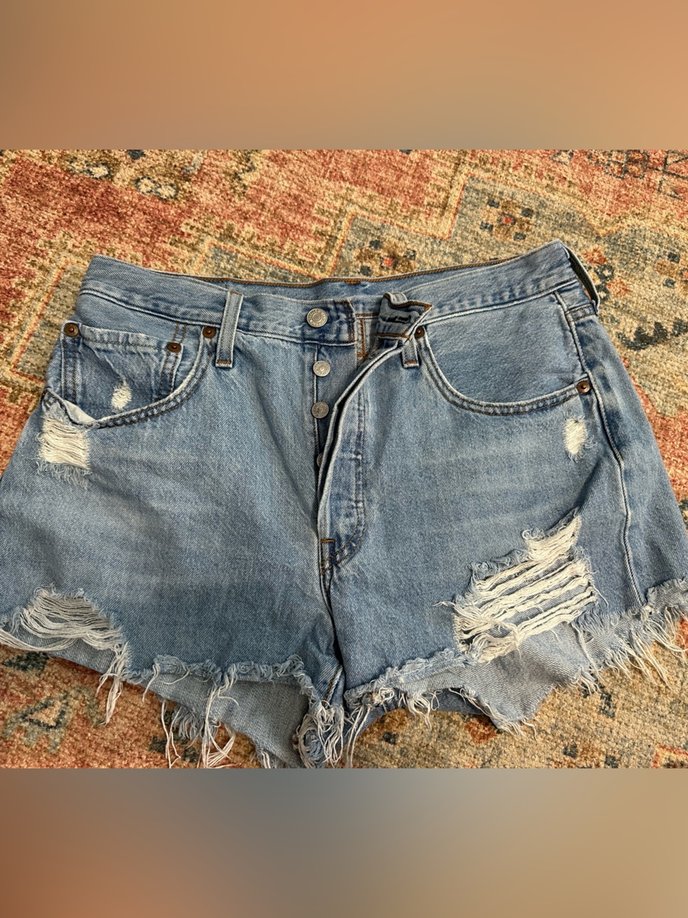 Levi 501 Light Blue Distressed Button-Fly Jean Shorts